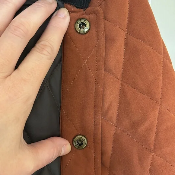 J Peterman Quilted Barn Jacket Brown Women’s M Corduroy Collar Button Front - Picture 11 of 15